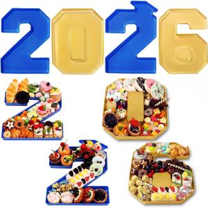 Tellingyou 4 Pcs 13.7" 2026 Charcuterie Numbers Fillable Graduation Disposable Mache Box Chocolate Candy Tray Grad Container Decoration(Blue and Gold,2026)