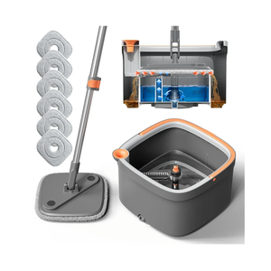 KZKR Spin Mop and Bucket Set with 6 Replaceable Microfiber Mop Pads with Self Separation Dirty and Clean Water System, Self Wringing 360° Rotating Square Mop Head for Hardwood Tile Marble Floors