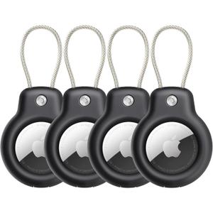 SPGUARD Airtag Holder for Apple AirTag Secure Holder With Wire Cable, 4 Pack Air Tag Lock Case Keychain Key Ring Key Chain Luggage tag For Keys, Luggage & More Men Women's Keyrings & Keychains (Black/Black/Black/Black)
