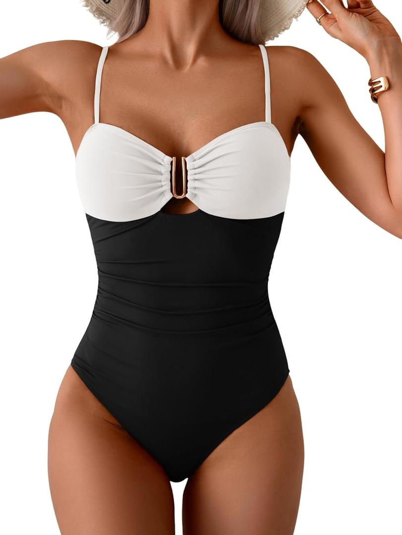 Eomenie One Piece Swimsuit for Women Tummy Control Ruched Bathing Suit Cutout U Wire Swim Suits (Medium, Black White Block)