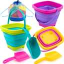Sloosh 3 Packs Foldable Bucket - Collapsible Bucket with Sand Shovels and Mesh Backpack for Kids Toddlers Beach Toys, Easter Egg Hunt, Camping, Travelling and Fishing Water Pail (Pink/Purple/Green)