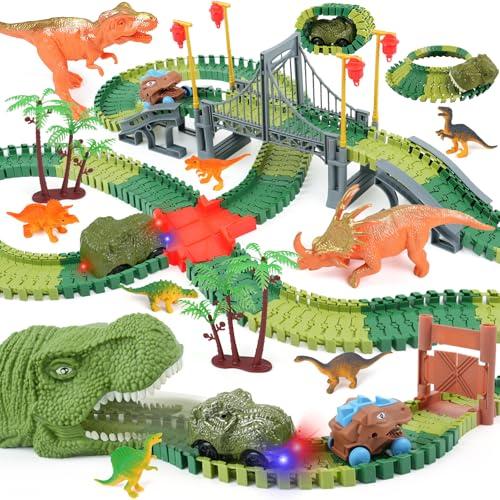 ToyFuntasy Dinosaur Track Toys for Kids - Best Birthday Gifts for 3 4 5 6 7 Year Old Boys, Flexible Race Car Track Set with Light & Sound, Create a Dino World Adventure