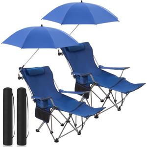 Yuntau 2 Set Reclining Beach Chairs with UPF 50+ Umbrellas, Upgraded Heavy Duty Portable Folding Lounge Camping Chair with Removable Footrest & Headrest for Outdoor Fishing Patio(Blue)
