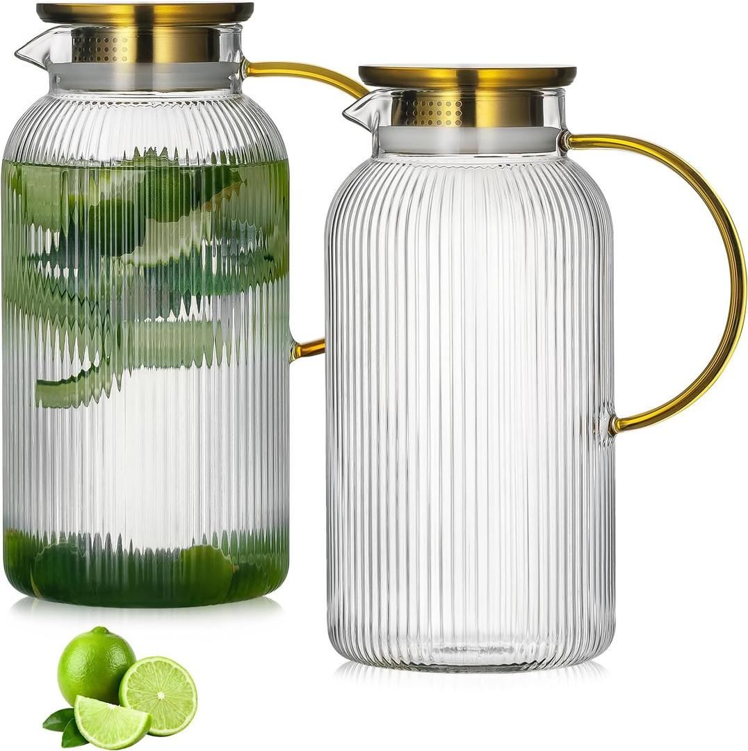 Buaic 2 PACK Glass Pitcher with Lid, 68 oz/ 2 Liter Classic Vertical Stripes Water Pitcher with Handle,Glass Water Carafe for Cold Brew, Coffee, Lemonade, Iced Sun Tea,Beverage,Heat Resistant (Clear)