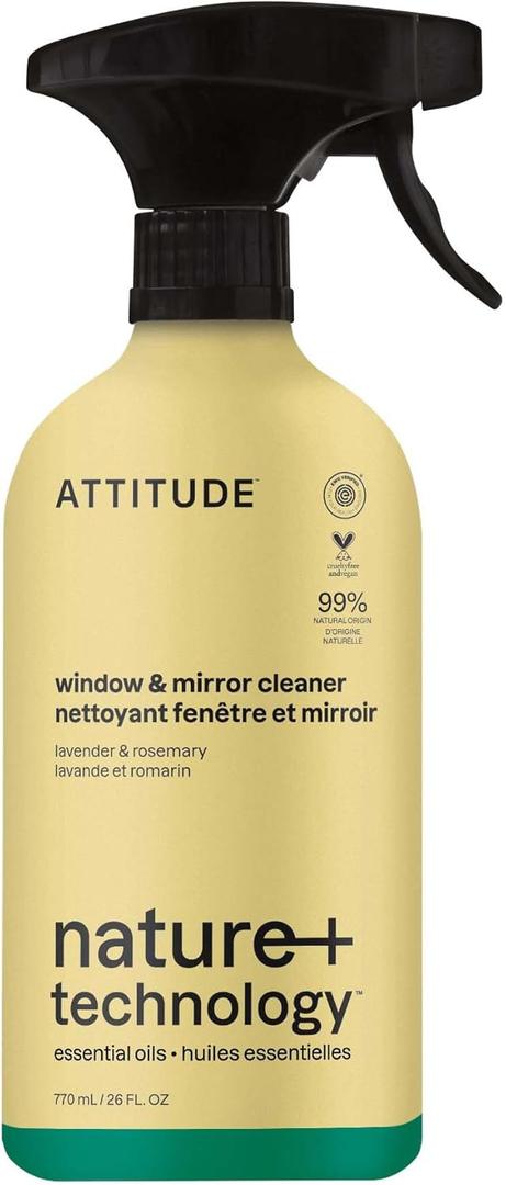 ATTITUDE Window & Mirror Cleaner Spray, Plant-Based Ingredients, EWG Verified, Streak Free, Removes Fingerprints, Dust and Dirt, Lavender & Rosemary, 26 Fl Oz