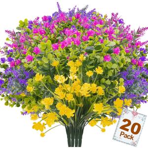 trytuny Artificial Flowers for Outdoor,20 PCS Artificial Greenery Fake Shrubs Flowers,UV Resistant Fake Flowers No Fade Faux Plastic Plants for Outdoor Planters for Home Garden Outside Porch Decor