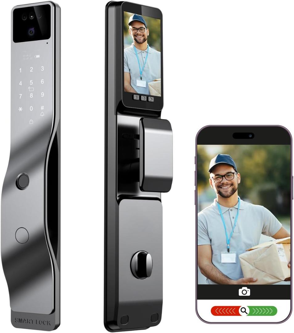 Smart Door Lock with Camera, 3D Face Recognition, Biometric Palm Vein Keyless Entry Deadbolt, Video Doorbell Intercom, Fingerprint, Passcode, Card, Touchscreen Keypad, Tuya App, Alexa, Front Door Home