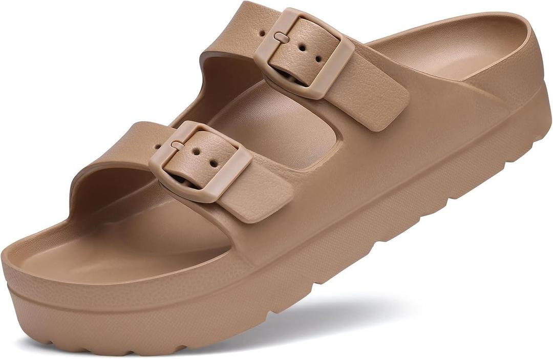 Goosecret Women's Platform Sandals with Arch Support, Chunky Lightweight Foam Slip on Slides, Comfortable Summer Beach Sandals with Adjustable Buckle (10, Brown)
