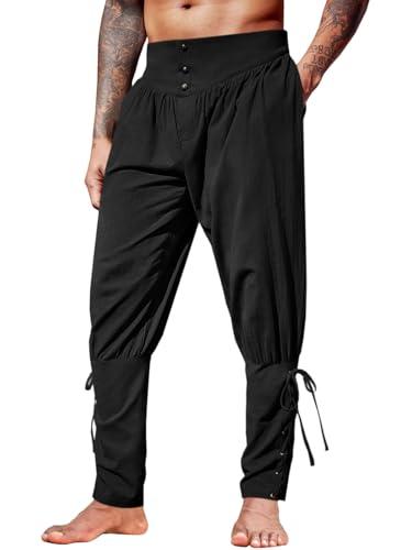 Runcati Mens Medieval Ankle Pants Renaissance Viking Pirate Lace Up Tapered Halloween Linen Costume Trousers Black, Size L