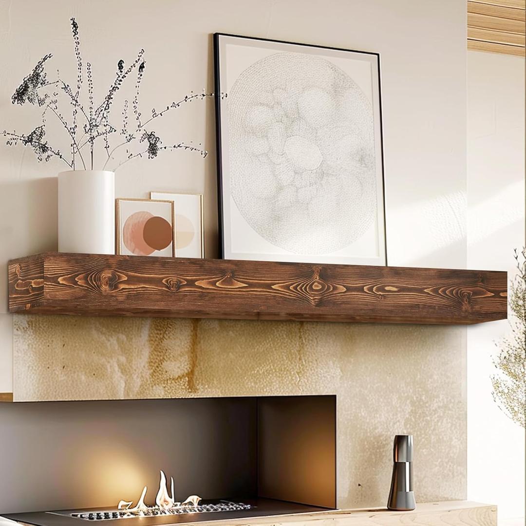 60" Fireplace Mantel, 5'' Thick Handmade Hollow Solid Wood Wall Long Floating Shelf with Invisible Wood Brackets, Brown