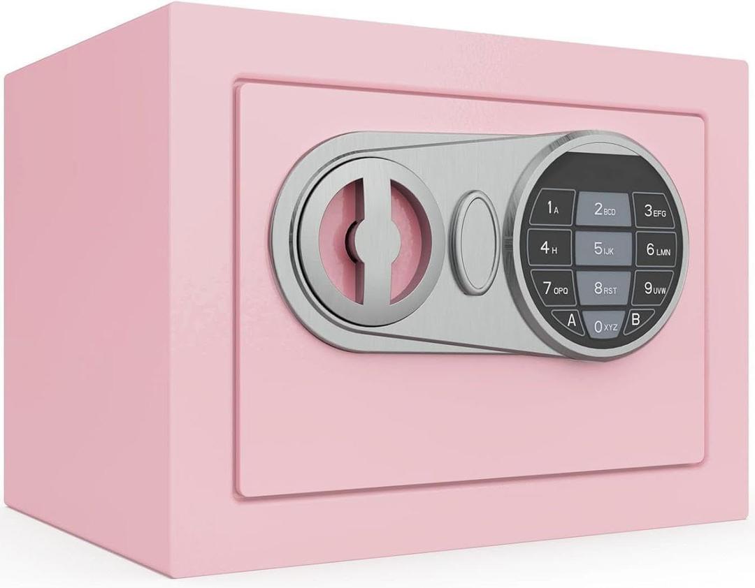 Goldenkey Small Safe Box for Money, Digital Home Safe Box with Keys&Code for Cash and Coin, Mini Safes for Kids, Personal Items for Hotel, 6.69"D x 9.05"W x 6.69"H, 0.236 Cu.Ft. (Pink)