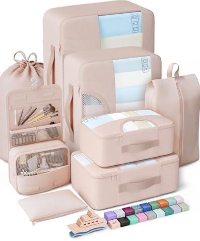 Veken 8 Set Packing Cubes for Travel, Beach Vacation Essentials Accessories for Cruise Ship, Suitcase Organizer Bags for Luggage with Hanging Toiletry & Shoe Bag, Birthday Gifts for Women Mom Her