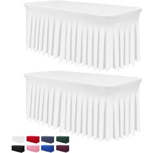 BDDC Table Skirts for Rectangle Tables 6ft - 2 Pack One-Piece White Tablecloths and Skirt, Wrinkle Resistant Ruffles Elastic Cover for Banquets, Weddings, Events, Parties