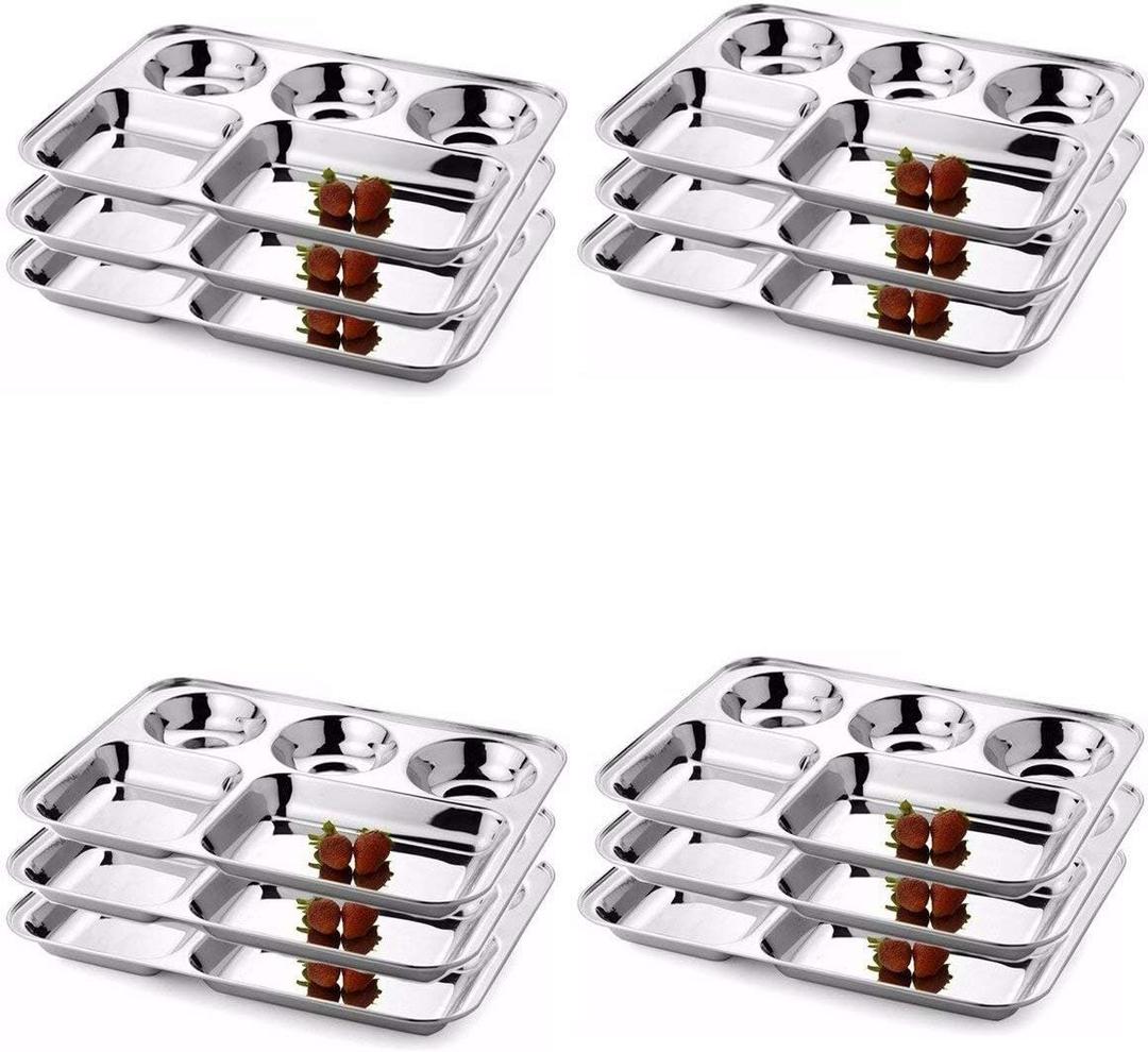 Stainless Steel Five Compartment Round Plate, Thali, Mess Tray, Dinner Plate Set of 12 pcs- 33 cm each
