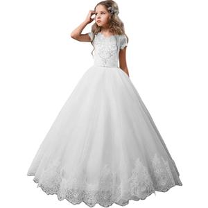 Flower Girl Dress Kids Lace Beaded Pageant Ball Gowns, White, Size 6-7