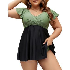 Edelqual Women's Plus Size Tankini Swimsuits Swim Dress Tummy Control Bathing Suits Two Piece High Waisted Swimwear 2025 (3X-Large Plus, Army Green and Black)