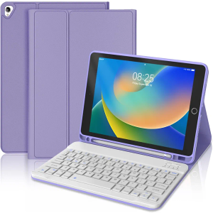 Keyboard Case for iPad 9th/8th/7th Generation, Detachable Wireless Bluetooth Keyboard Slim Folio Smart Cover for iPad 10.2"/iPad Air 10.5"(3rd Gen)/iPad Pro 10.5" with Pencil Holder – Light Purple