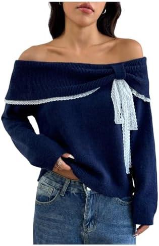SOLY HUX Women's Off The Shoulder Sweater Pullover Lace Bow Tie Long Sleeve Knit Aesthetic Top, Medium