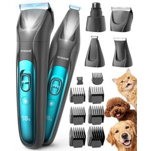 Oneisall Professional Dog Grooming Kit at Home: All-in-One Quiet Clippers & Nail Grinder with LED Light, 2000mAh Cordless Dog Shaver, Safe Poodle Grooming Kit for Paws, Face, Ears & Body