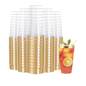 DaYammi 100 Pack Gold Plastic Cups 16 Oz Elegant Clear Plastic Cups Gold Rimmed Disposable Wine Glasses Fancy Disposable Party Cup Wedding Cup Drinking Tumblers Cocktail Glasses with Gold Rim