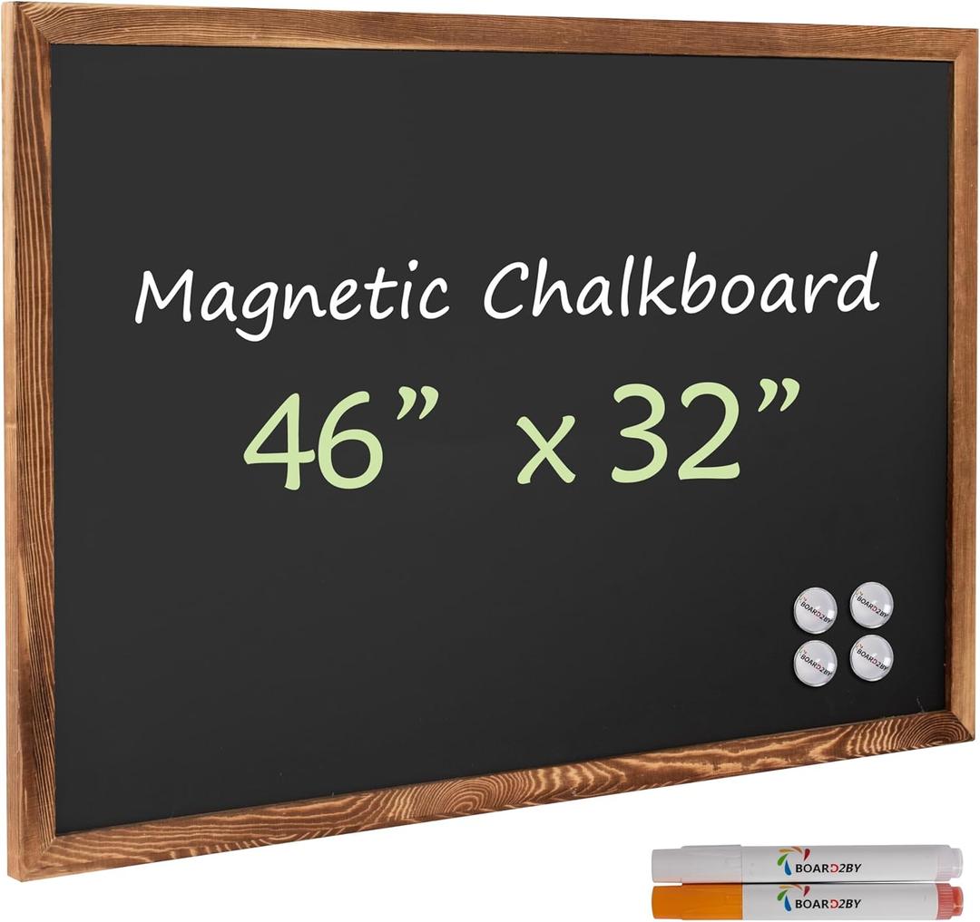 Board2by Rustic Brown Magnetic Chalkboard 46 x 32, Extra Large Chalk Board Blackboard for Wall Decor, Easy-to-Erase Wood Framed Magnet Board, 2 Pens, 4 Magnets for School, Home & Office