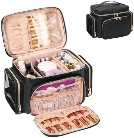Large Makeup Bag, Portable Travel Makeup Bag Organizer for Women Girls with Makeup Brush Compartment & Two Side Pockets, Cosmetic Travel Bag Vertical Storage Toiletry Bag - Black