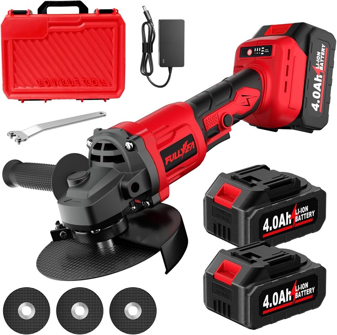 FULLYEA Cordless Angle Grinder Kit, 4-1/2" Power Angle Grinders with 2 * 4.0Ah Battery & 12000RPM Brushless Motor, Metal Grinder with Cutting Wheels, Electric Grinder Tool Set for Cutting, Grinding