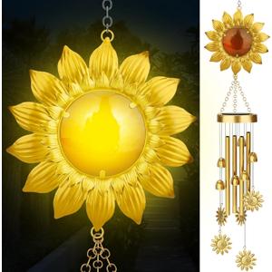 JYPS Solar Wind Chimes with Sunflower LED Lights, 42-Inch Large Waterproof Outdoor Garden Decor for Patio Yard, Unique Gifts for Women Mom Grandma, Mother's Day Christmas Birthday Easy-Install Design