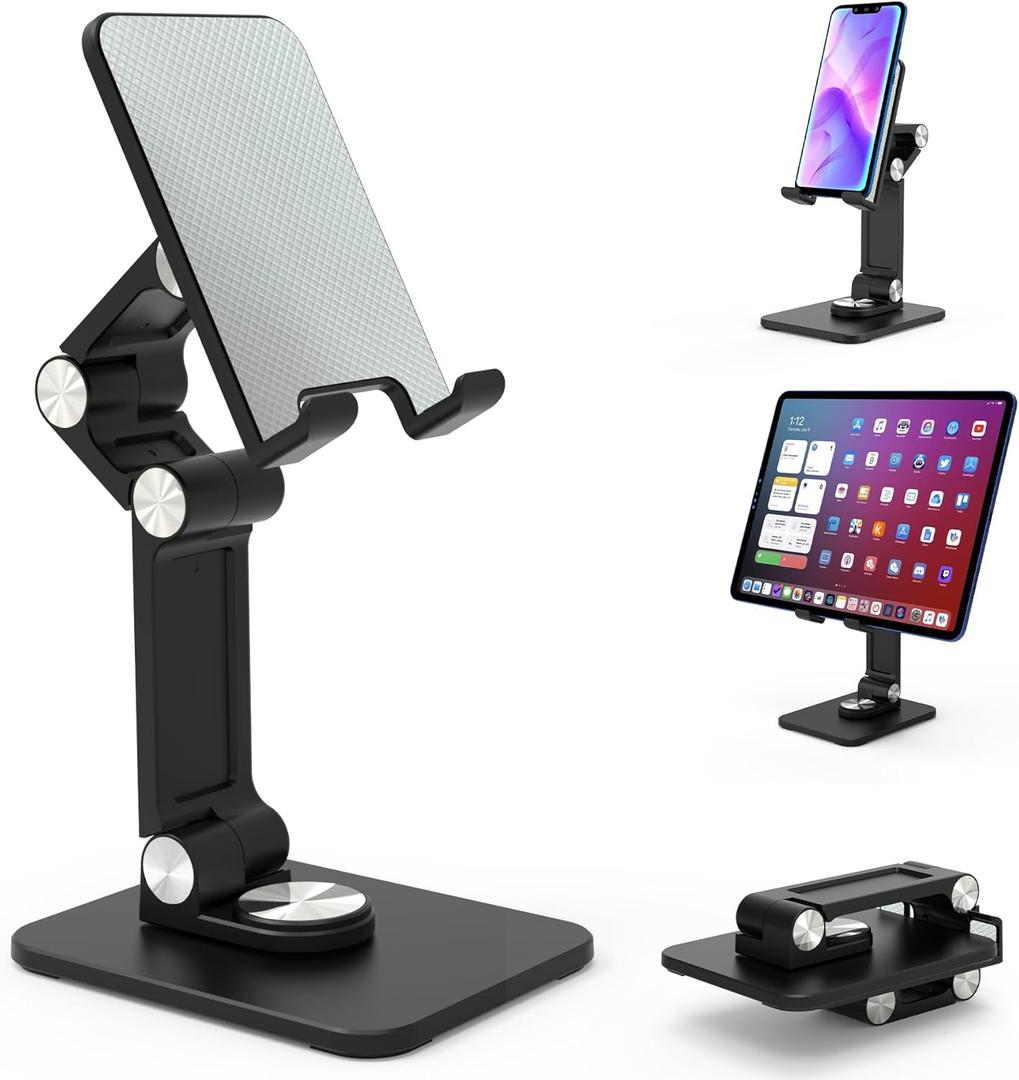 Jusanice 360 Rotating Cell Phone Stand, Folding Phone Stand, Adjustable Height and Angle Foldable Cell Phone Stand Holder for Desk, Taller iPhone Stand Compatible with iPad Smartphones Tablet (Black)