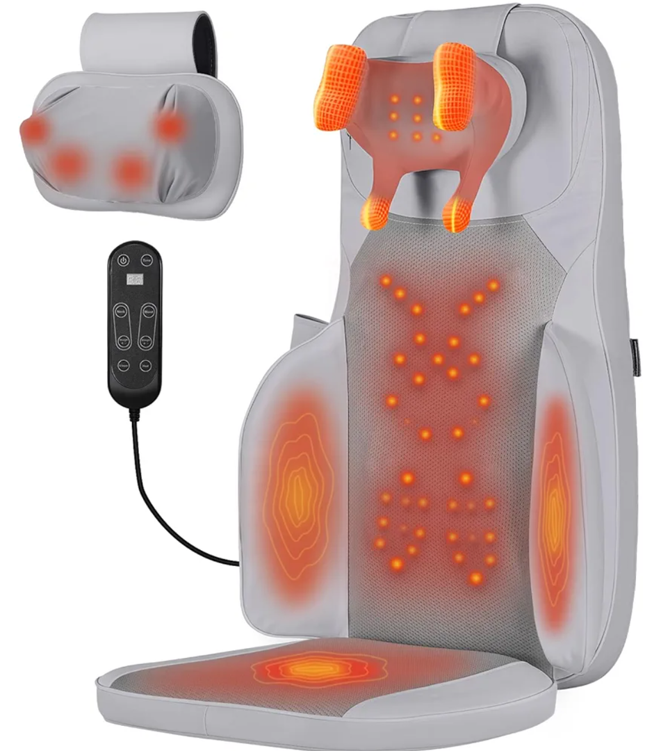 Shiatsu Neck and Back Massager with Heat - 3D Kneading & Vibration Full-Back Massage Cushion to Ease Muscle Stiffness, Adjustable Intensity & Height for Office Chair, Home Use (Grey)