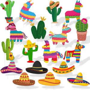 18Pcs Mexican Yard Signs Stakes Cinco De Mayo Cactus Tiki Piata Sombrero Let's Fiesta Tropical Lawn Decor for Outdoor Garden Ornaments Mexican Western Cowboy Party(Fiesta)