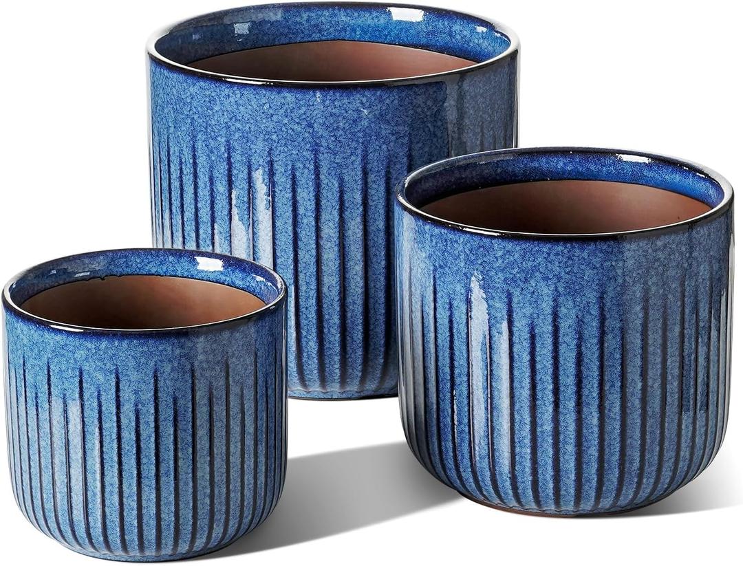 LE TAUCI Ceramic Plant Pots, 8.3/7/6 Inch Indoor Planters with Drainage Holes & Mesh, Modern Glossy Glaze Cylinder Fluted Flower Pot for Snake Plant, Set of 3, Harbor Blue, Medium