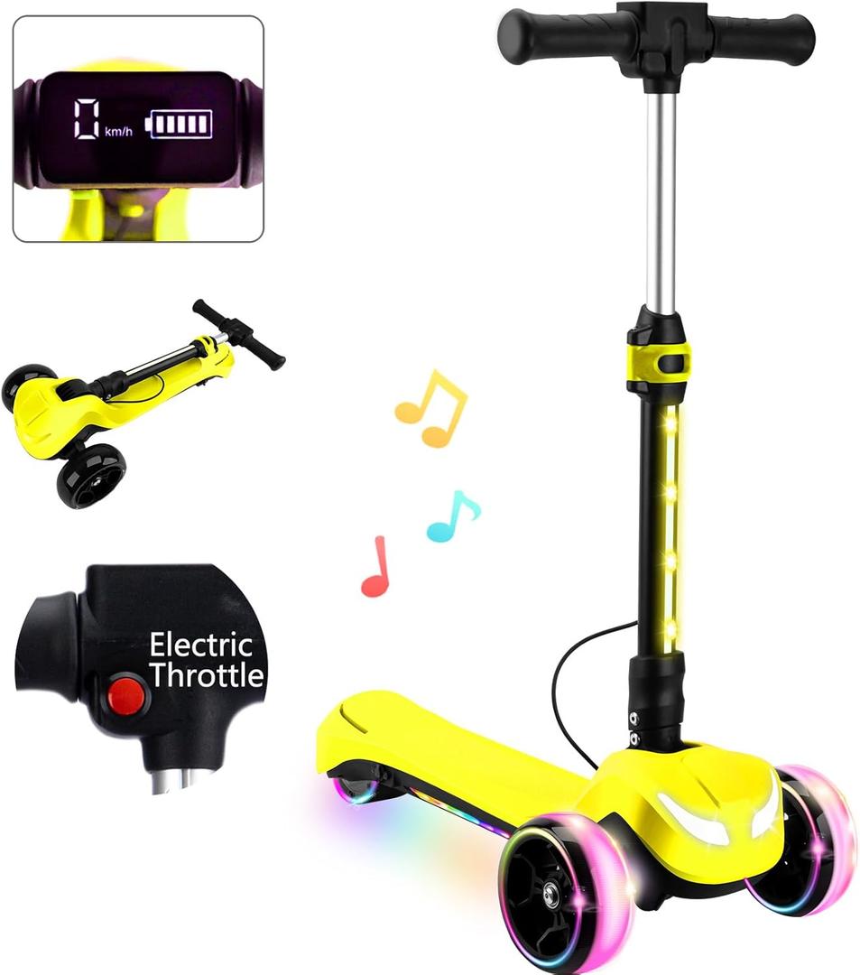 24V Electric Scooter for Kids w/150W Powerful Motor, Thumb Throttle, LCD Screen, Bluetooth, Light-Up Stem Deck & Wheels, 3 Adjustable Heights, 5MPH Safe Speed, 3 Wheel Electric Scooter for Kids
