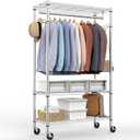 Heavy Duty Rolling Garment Rack 3 Tiers Adjustable Wire Shelving Clothes Rack with Rods and Side Hooks, Storage Closet Clothing Rack with Wheels Chrome 15.7" D x 29.5" W x 74.5" H