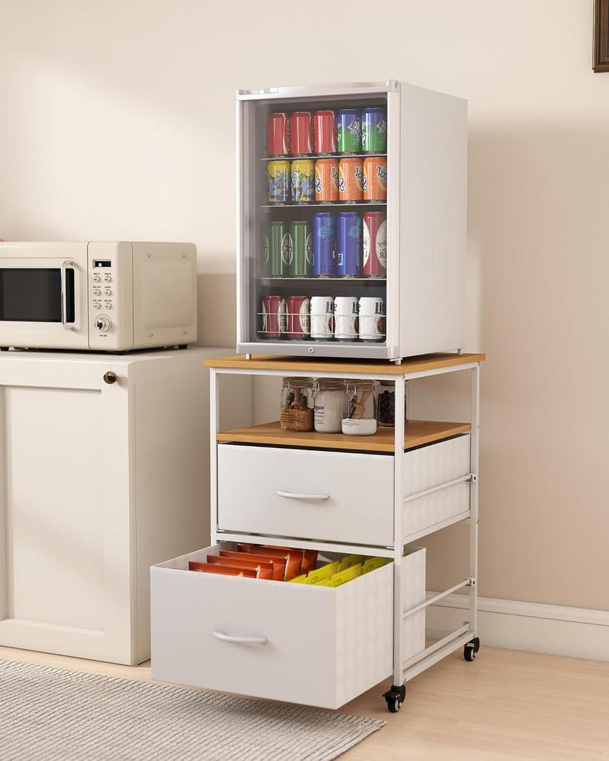 Mini Refrigerator Rack Stand with 3 Storage and Lockable Wheels,Mini Fridge Cabinet Shelf Organizer with 19.7x19.7in Tabletop for Dorm Apartment Office Bedroom
