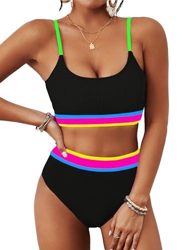 BMJL Women's High Waisted Bikini Ribbed Two Piece Swimsuit High Cut Color Block Adjustable Straps Bathing Suit(M,Rainbow Black Pink)