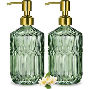 COHOSEGE 17 Oz Green Glass Kitchen Soap Dispenser for Dish Soap, 2 Pack Bathroom Soap Dispenser Set with Gold Rust Proof Pump for Lotion, Hand Soap Or Body Wash