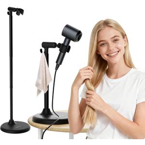 Hair Dryer Stand with 360 Rotating Head, Hands Free, Large Hook,Heavy Duty Base, Adjustable Height, TPU Padded Clip, Aluminum Alloy Holder for Home or Salon (Black)