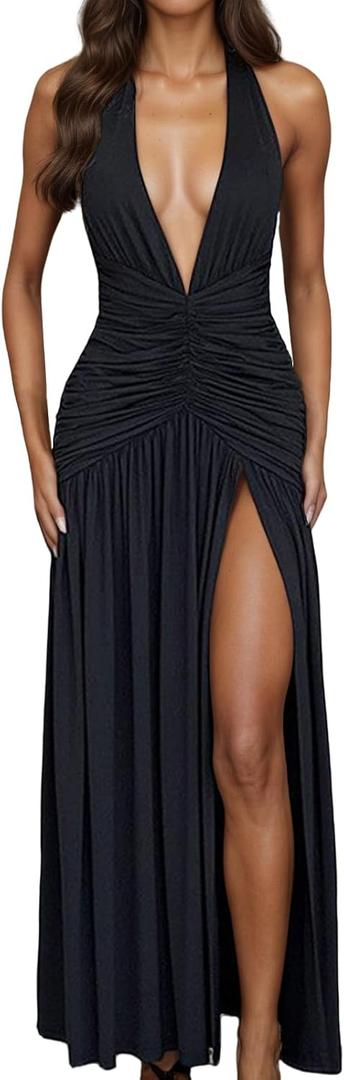 Women's Summer Sexy Maxi Dress 2025 Long Dresses Cocktail Wedding Guest Club Elegant Formal Party (Black, L)