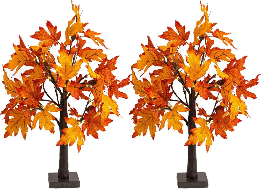 Dazzle Bright 2 Pack 24 Inch Lighted Thanksgiving Fall Maple Tree Decor, 24 LED Battery Operated Decorations Artificial Tree with Timer for Indoor Home Room Holiday Xmas Party