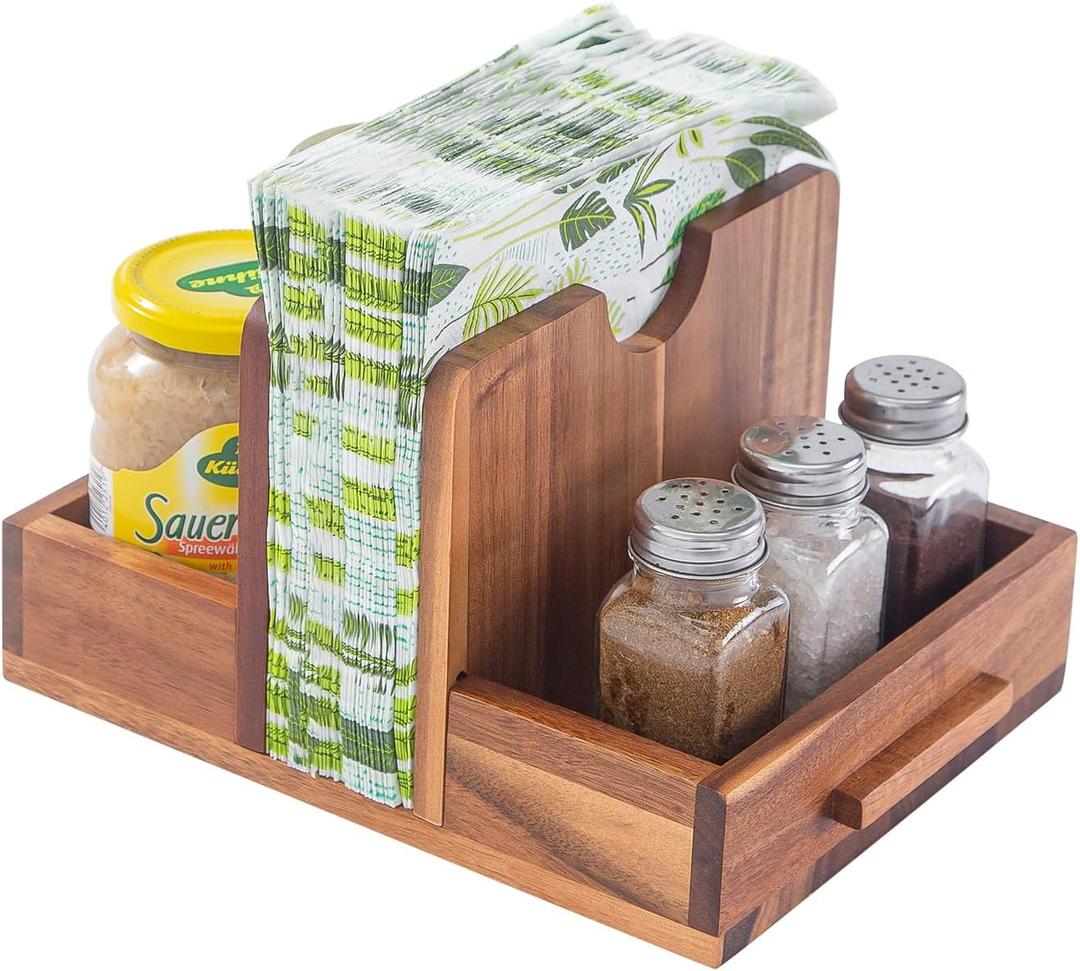 Napkin Holder for Table, Wooden Napkin Holder with Salt and Pepper Shakers Caddy, Rustic Napkin Holders for Kitchen Dining Room Table Decor, Standing Wood Napkin Dispenser for Indoor & Outdoor Use