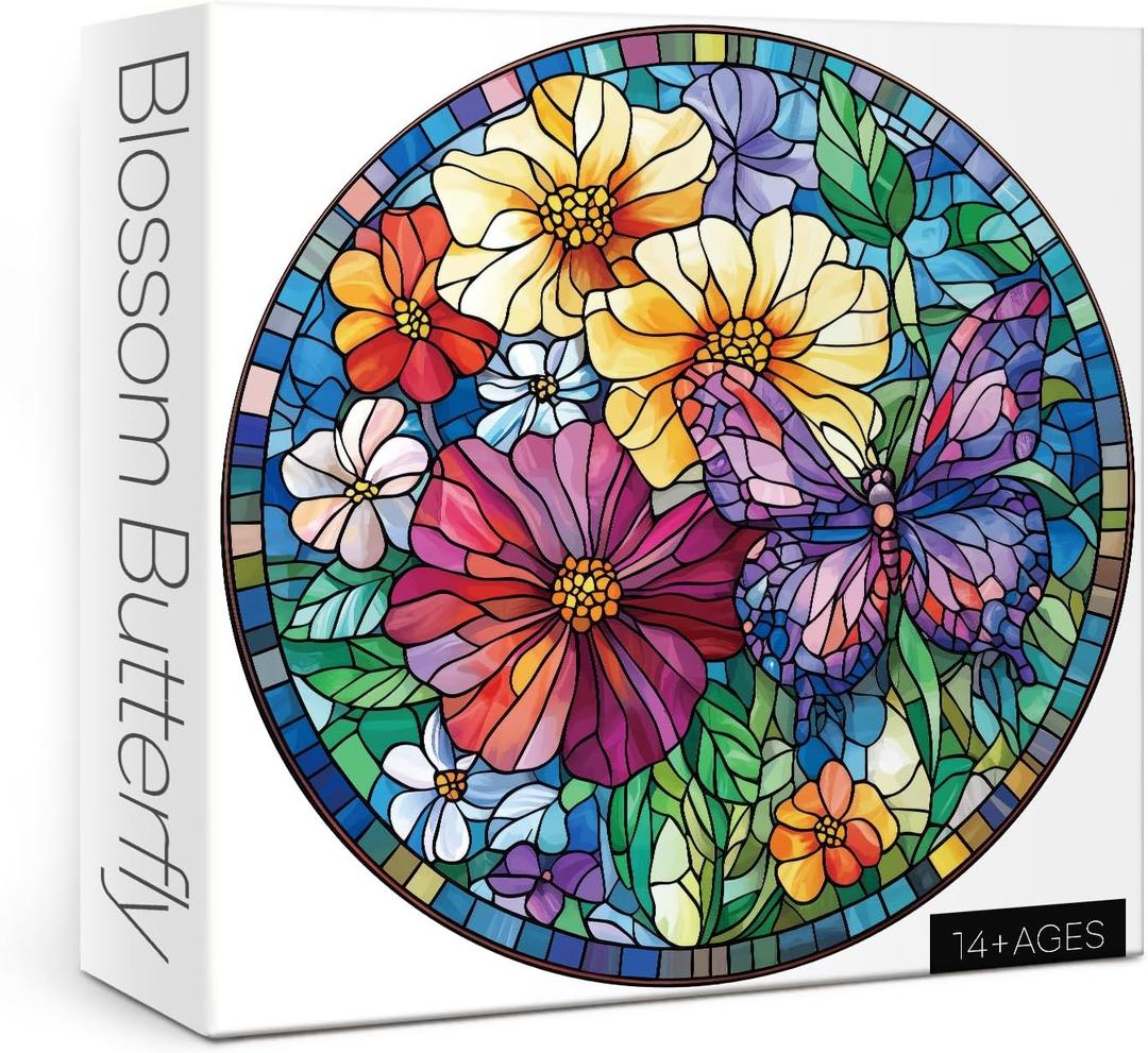 Stained Glass Flower Butterfly Puzzle for Adults 1000 Pieces, Round Mosaic Art Jigsaw Puzzle, Colorful Floral Puzzle