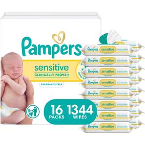 Pampers Sensitive Baby Wipes, Water Based, Clinically Proven, Hypoallergenic, and Unscented for Babies, 1344 Wipes Total (16 Flip-Top Packs) 