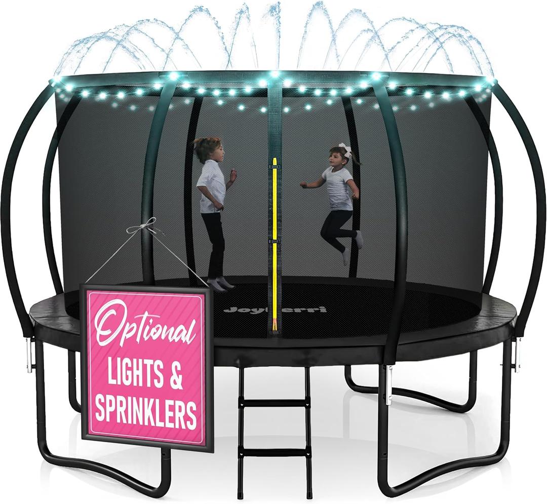 JoyBerri Upsurge Trampoline Outdoor - ASTM Certified Safe 8Ft 10Ft 12Ft 14Ft 15Ft 16Ft Recreational Trampoline for Kids and Adults. Anti-Rust Coating with Enclosure Net, Ladder, Sprinkler & LED Lights (Black)