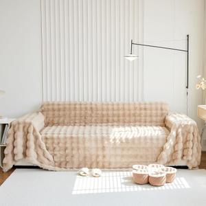 Thick Faux Rabbit Fur Couch Cover 1-Piece Non-Slip Warm Soft Cozy Sofa Covers,Fluffy Plush Sofa Slipcover Furniture Protector for Kids,Pets(Khaki,71" x 118")