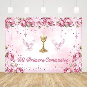 7x5ft Mi Primera Comunion Backdrop for Girl Pink Baptism Christening Photography Background God Bless First Holy Communion Mi Bautizo Floral Party Decorations Banner Photo Props