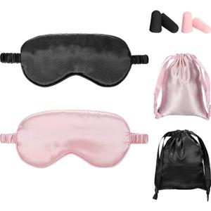 Silk Satin Sleeping Mask Eye Mask Set Include 2 Blindfold Eyeshade Elastic Strap Double Layer Silk Filling Eye Cover 2 Ear Plugs 2 Storage Bags for Women and Men Sleep Travel Nap (Black, Pink) (Black, Taro Purple)