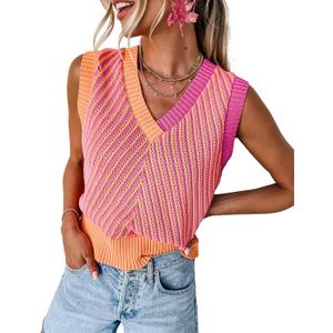 MARZXIN Women Sleeveless Sweater V Neck Casual 2026 Fall Knitted Chevron V Neck Sweater Vest Color Block Pullover Sweater Top (Black, M)