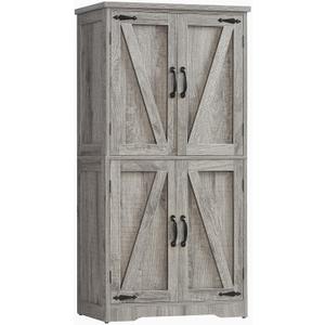 TEENFON Farmhouse Storage Cabinet with 2 Adjustable Shelves, Bathroom Cabinet with 4 Doors, Cupboard for Kitchen, Living Room, Rustic Gray