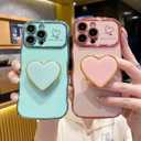 Compatible with iPhone 16 Pro Max Heart Holder case, Cute Wave Frame Curly Shape with Love Heart Kickstand Raised Camera Protection Cover Luxury Plating Shockproof (Green, For iPhone 16 Pro Max)